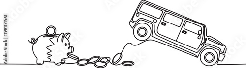 Bankrupt, piggy bank, hummer, crash, savings one line art. Continuous line drawing of bank, money, one line drawing vector illustration
