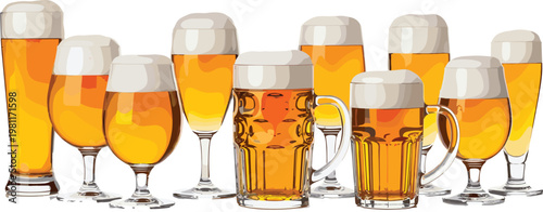 Vector Illustration of Various Beer Glasses and Mugs with Golden Beer and Foam for Beverage and Pub Designs