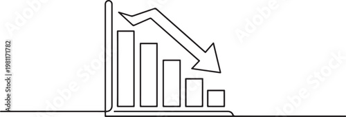 graph business icon. Chart loss schedule, arrow down. Bar, growth one line drawing vector illustration