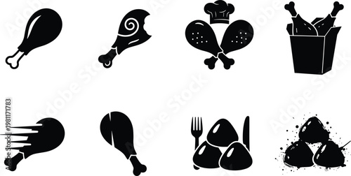 Chicken drumstick silhouette, food icon, fast delivery, chef hat, takeout box, plate meal, seasoning splatter, black vector, restaurant branding, cooking