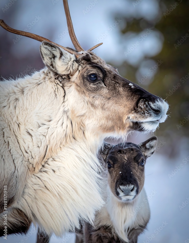 Fototapeta premium Mother and fawn reindeer duo captured in a snowy, natural winter landscape setting
