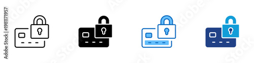 Secure Payment Multiple Style Icon Design Vector - Credit card with padlock representing payment security, data protection, and secure transaction processing