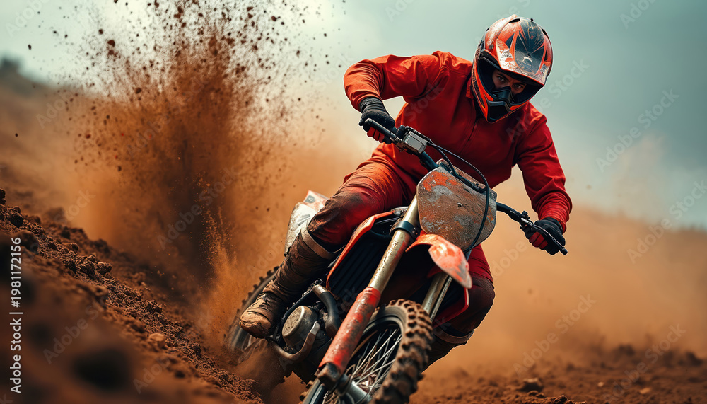 Obraz premium Motocross rider in red gear kicks up dirt on muddy track. Athlete races dirt bike fast, leaning hard into turn. Extreme sport competition, off road racing adventure, dynamic action.