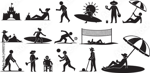 Collection of black silhouette icons depicting various beach activities and people having fun in summer