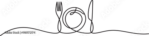 Restaurant food line icon. Continuous one line with curl. Dinner sign. Hotel room service symbol. Restaurant food single outline ribbon. One line draw graphic design vector