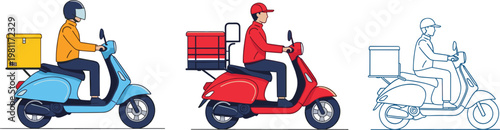 Delivery scooter rider collection with courier characters carrying boxes in different styles isolated flat vector illustration set