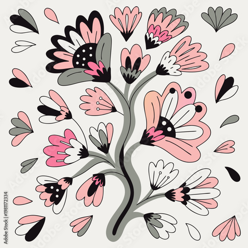 Stylized Hand-Drawn Floral Branch with Blooming Flowers Along Stem Vector