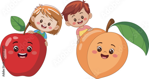 Cute kids with fruits illustration, happy apple and peach characters, cartoon vector design collection