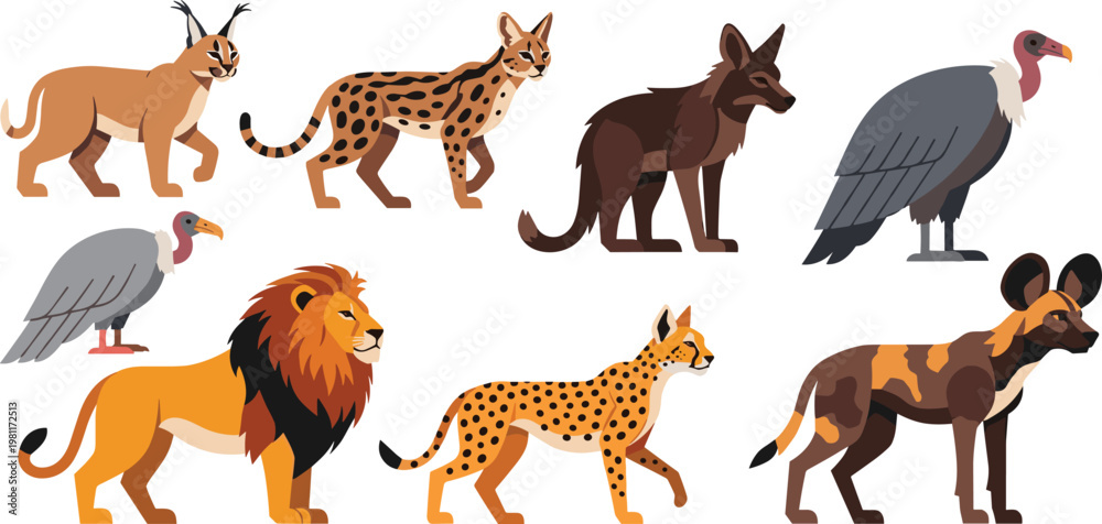 Obraz premium African Wildlife Collection Featuring Lion, Leopard, Hyena, Vulture, Cheetah, and Other Iconic Species for Digital Art, Illustrations, and Wildlife Projects.
