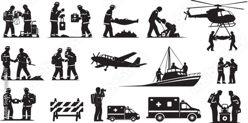  Emergency responders and medical personnel in various rescue situations on isolated white background