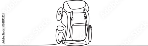Single continuous line drawing camping backpack for hiking, travel and tourism isolated. One line draw graphic design vector