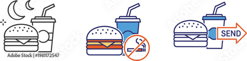 Fast food delivery icons with burger drink takeaway night mode and no food restriction symbols vector set illustration