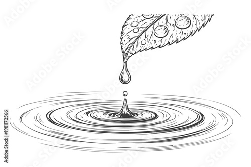 A single droplet falling from a leaf into a rippling water surface Vector
