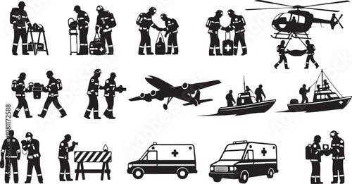  Emergency responders and medical rescue team silhouettes with various vehicles