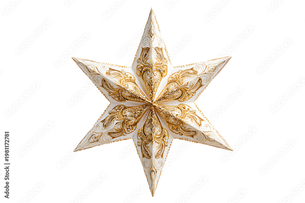 Fototapeta premium Ornate white and gold Christmas star decoration, isolated on a transparent background.