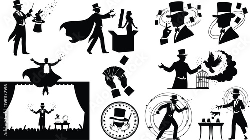 Magician silhouette, stage illusion, rabbit trick, levitation act, card magic, dove cage, wand performance, top hat, audience show, black vector