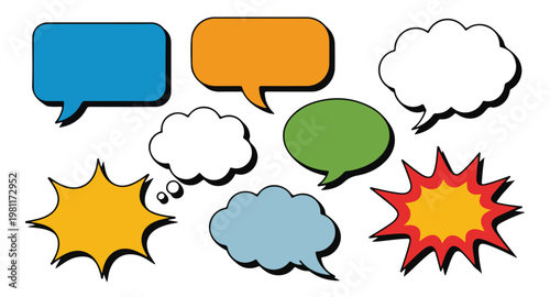Assorted colorful speech and thought bubbles with comic style explosion shapes.