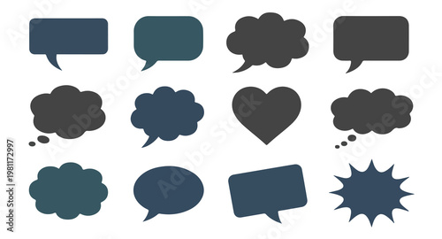 Dark blue and grey speech bubbles with heart shape icon for romantic message interface set.