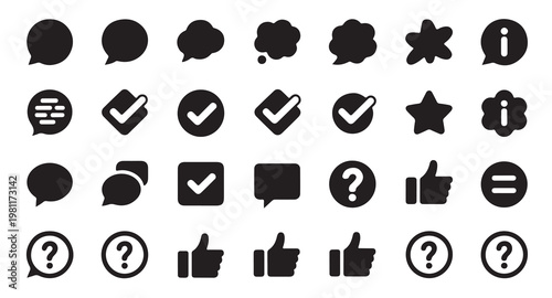Interface icon set featuring speech bubbles check marks thumbs up and information symbols.