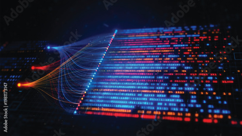 Digital data stream flowing into binary code matrix representing complex information processing and network connectivity in abstract technology visualization for modern computer systems.