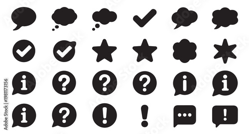 Set of black speech bubbles, check marks, question marks, and info icons.