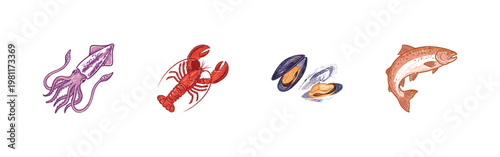 Fresh Seafood and Ocean Shellfish Collection with Colorful Crayony Pencil Texture and Detailed Engraved Hatching Style