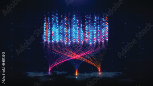 Global network data transmission visualization with glowing fiber optic lines connecting locations on a world map to a centralized binary data cloud for international communication.