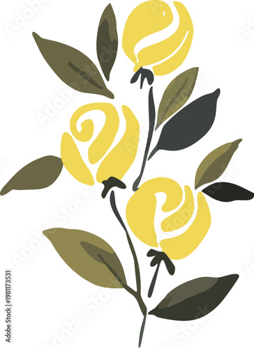 Simple minimalist poster pop gouache art of yellow roses illustration, digital painting drawing graphic design wall art, artwork decoration for print ornament home aesthetics, isolated transparent png