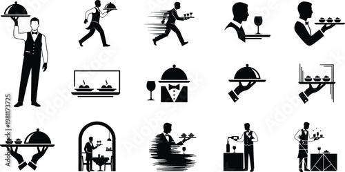 Waiter service icons, restaurant hospitality illustration, dining vector, food serving symbols, wine pouring, tray cloche, elegant dining, professional service, restaurant staff