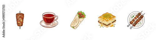 Middle Eastern Cuisine and Turkish Food Specialties with Inky Crayon Brush Strokes and Traditional Colorful Aesthetic