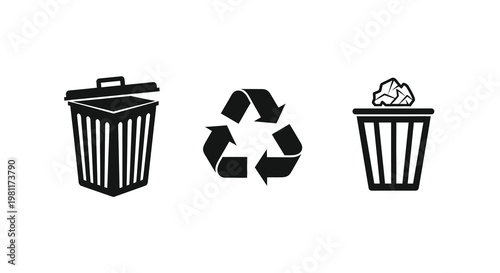Waste separation icons showing bins for trash recycling and landfill silhouette