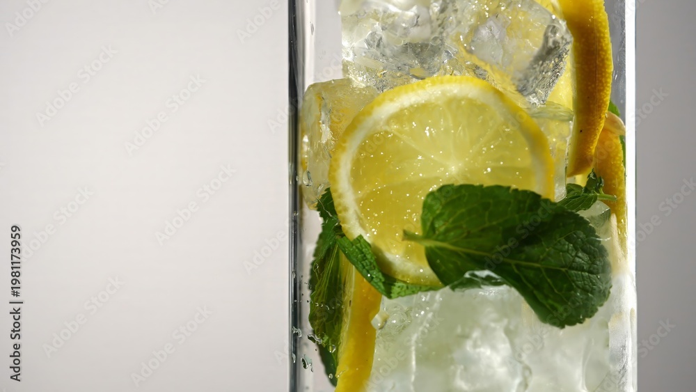 Obraz premium Fresh sparkling lemonade with lemon slices mint leaves and ice cubes in glass. Concepts of summer drink, themes for bars, cafes, and restaurants, refreshment, beverage, health.
