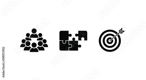 Teamwork puzzle solving and achieving goals represented in black silhouette