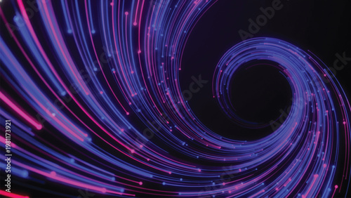 Abstract swirl of glowing neon blue and purple light trails representing high speed data transmission and fiber optic communication in a futuristic cyberspace environment.