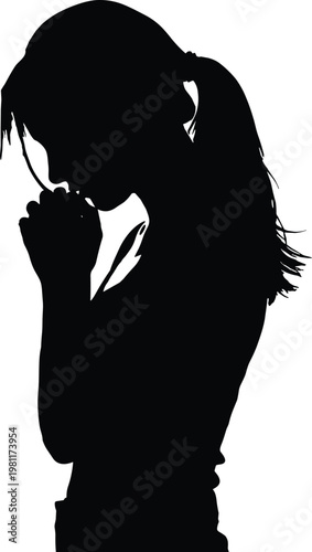 Side view silhouette of a young woman with a ponytail praying with folded hands and bowed head isolated on white background for spiritual concepts