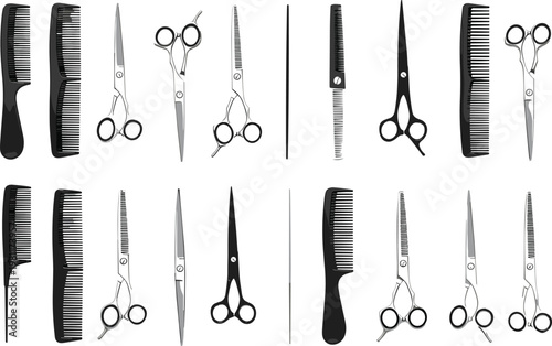 Vector Set of Black and White Hairdressing Tools Including Combs and Scissors for Barber and Salon Use