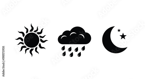 Weather icons depicting sun rain and moon in black silhouette