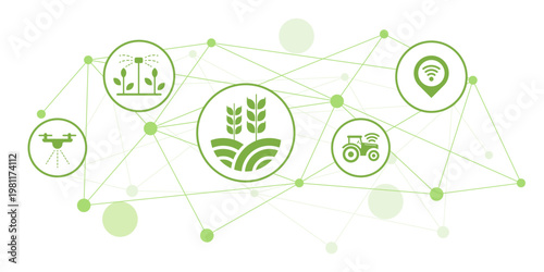 Modern agricultural technology network with icons for smart farming, drone spraying, irrigation, connected tractor, and location services on a white background.