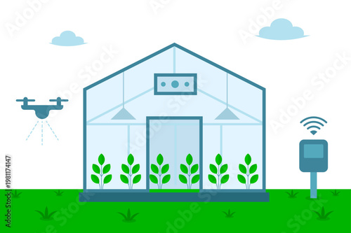 Digital agriculture concept with a smart greenhouse, autonomous drone, and wireless sensor for efficient and sustainable farm management.
