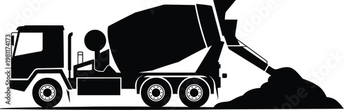 Cement mixer truck silhouette black construction vehicle pouring concrete onto pile detailed industrial equipment isolated high quality illustration