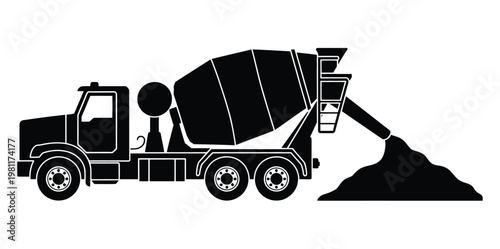 Cement mixer truck silhouette black industrial vehicle discharging cement onto construction site pile detailed high quality illustration isolated