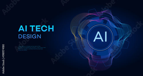 Futuristic AI technology design with an abstract digital gear and flowing data lines on a dark blue background, representing artificial intelligence innovation and computing.