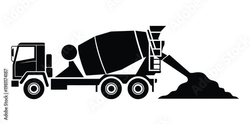 Cement mixer truck silhouette black heavy construction machinery unloading concrete mixture onto ground detailed professional isolated design