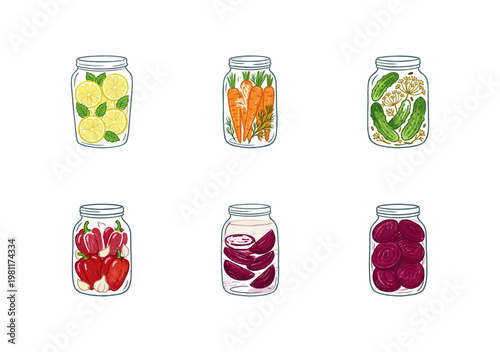 Pickled Vegetables and Preserved Garden Harvest Jars with Fluid Crayon Pencil Texture in Crayon Colorful Style