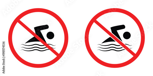 No Swimming Sign Vector Illustration with Red Circle and Crossed-Out Swimmer Warning Symbol for Water Safety and Prohibition Icon