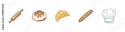 Bakery Ingredients and Bread Products in Colorful Crayony Style with Fluid Pencil Texture and Calligraphic Outlines