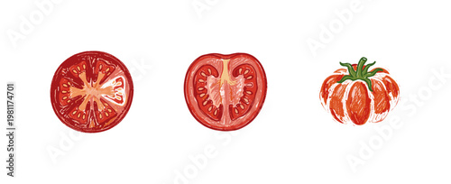 Fresh Garden Tomatoes and Organic Vegetable Harvest with Inky Crayon Pencil Texture and Colorful Handdrawn Textures