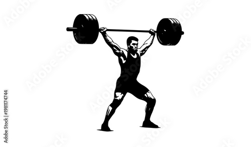 Barbell lifting athlete silhouette ink style weightlifting vector illustration