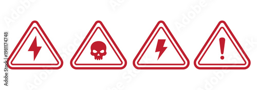 Warning triangle icons vector set, electric hazard, toxic skull and caution symbols, collection for industrial risk, workplace safety and emergency alerts. high voltage warning sign icons