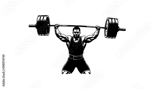 Weightlifter silhouette lifting heavy barbell ink drawing sport vector illustration